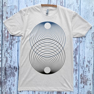 Unisex HARMONY of the SPHERES Geometric Two Color Screen Printed Shirt MINIMAL Psychedelic Cosmic Tee Natural/Black/Navy