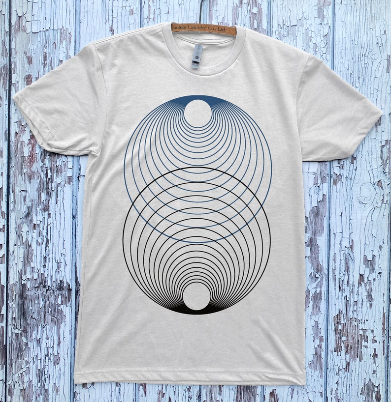 Unisex HARMONY of the SPHERES Geometric Two Color Screen Printed Shirt MINIMAL Psychedelic Cosmic Tee Natural/Black/Navy