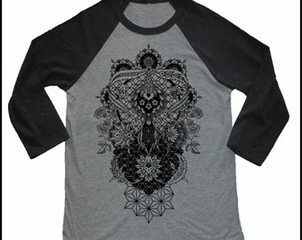 Unisex PERENNIALS 3/4 Length Tee Mandala Black Sacred Geometry Clothing Blackwork Tattoo Style Shirt