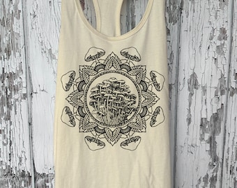 Women&#39;s MUSHROOM MANDALA Tank Top Sacred Geometry Tattoo Style Shirt