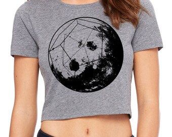 Women's GEOMOON Sacred Geometry CROP Tee Dodecahedron Psychedelic Tattoo Style Belly Shirt