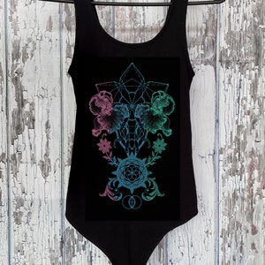 Women's THRIVE Bodysuit Sacred Geometry One Piece Body Suit Geometric Floral Dotwork Leotard Black Suite/Multi