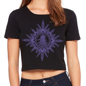 Women&#39;s GANJA MANDALA Sacred Geometry CROP Tee Tattoo Style Psychedelic Belly Shirt