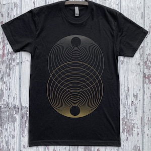 Unisex HARMONY of the SPHERES Geometric Two Color Screen Printed Shirt MINIMAL Psychedelic Cosmic Tee Black/Gold/Grey