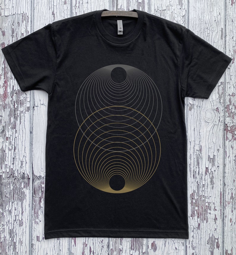 Unisex HARMONY of the SPHERES Geometric Two Color Screen Printed Shirt MINIMAL Psychedelic Cosmic Tee Black/Gold/Grey