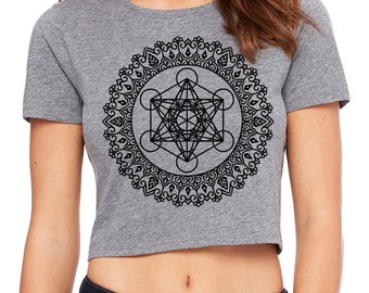 Women's METATRON MANDALA Sacred Geometry CROP Tee Tattoo Style Belly Shirt
