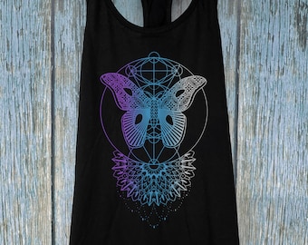 Women's MOTHLIGHT Mandala Tank Sacred Geometry Dotwork Tattoo Style Moth Shirt