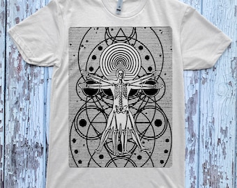 Unisex TRAVELLER Tee Sacred Geometry Mystic Psychedelic Alchemy Vitruvian Skeleton COSMIC SPACE Shirt