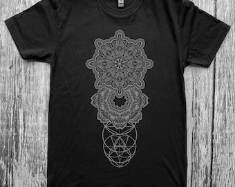 Unisex REALMS Mandala Tee Dotwork Sacred Geometry Psychedelic Symmetry Wolf Skull and Flowers Shirt