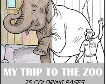May include: A colouring book titled "My Trip to the Zoo" with 25 colouring pages. The image features a partially coloured illustration of an elephant and a zookeeper. The text is in a grey rectangle at the bottom of the image.