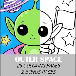 Puede incluir: Una portada de libro para colorear con un diseño dividido de un alienígena verde en una nave espacial. El lado izquierdo está coloreado con fondo azul, planeta morado y estrellas amarillas. El lado derecho es un dibujo lineal en blanco y negro. El texto dice OUTER SPACE 25 COLORING PAGES 2 BONUS PAGES.