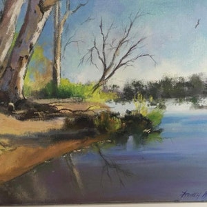 May include: A painting depicting a river scene with two bare trees on the left. The river is blue and the sky is a light blue with some clouds. The painting is signed "Franey Ford" in the bottom right corner.