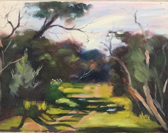 May include: An oil painting depicting a forest scene. The artwork shows a path through a verdant area, surrounded by trees and foliage. The sky is a soft blend of pink and blue, suggesting either sunrise or sunset.