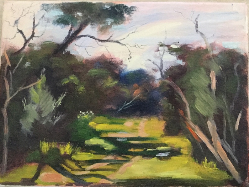 May include: An oil painting of a forest scene. The artwork depicts a path through a lush green area, surrounded by trees and foliage. The sky is a soft blend of pink and blue, suggesting either sunrise or sunset.