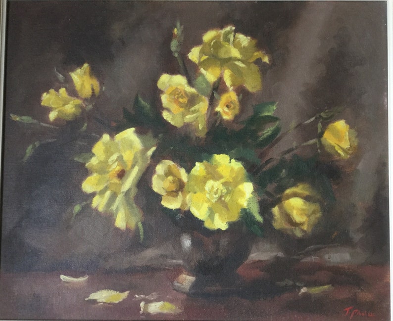 May include: A still life painting of a bouquet of yellow roses in a brown vase. The roses are arranged in a loose, natural style, and the vase is simple and elegant. The painting is set against a dark background, which helps to highlight the bright colors of the flowers.