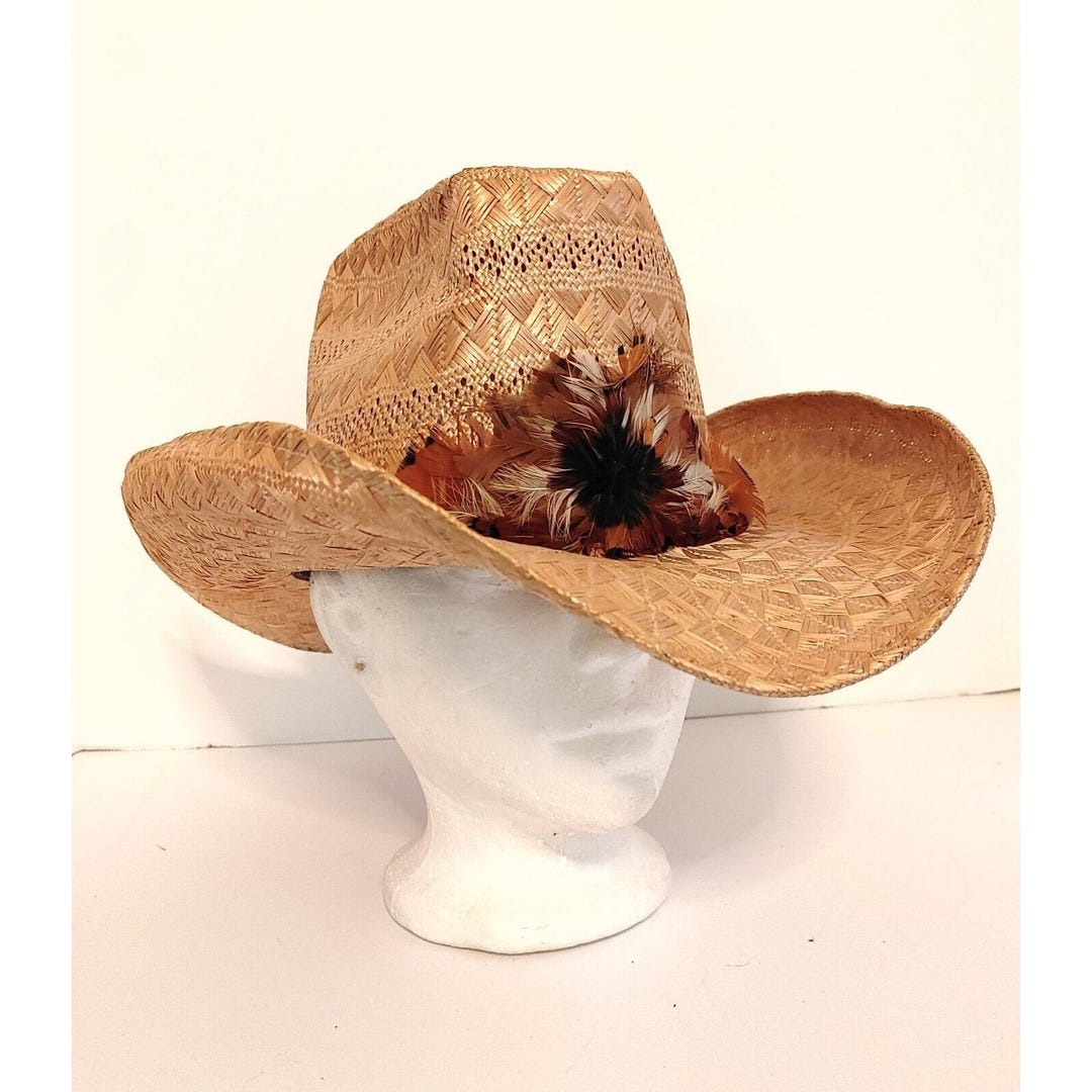 Chapeau De Cowboy Western Bailey U-Rollit Vintage - Taille 7 1/8 - Paille Avec Bande Cuir Et Plumes