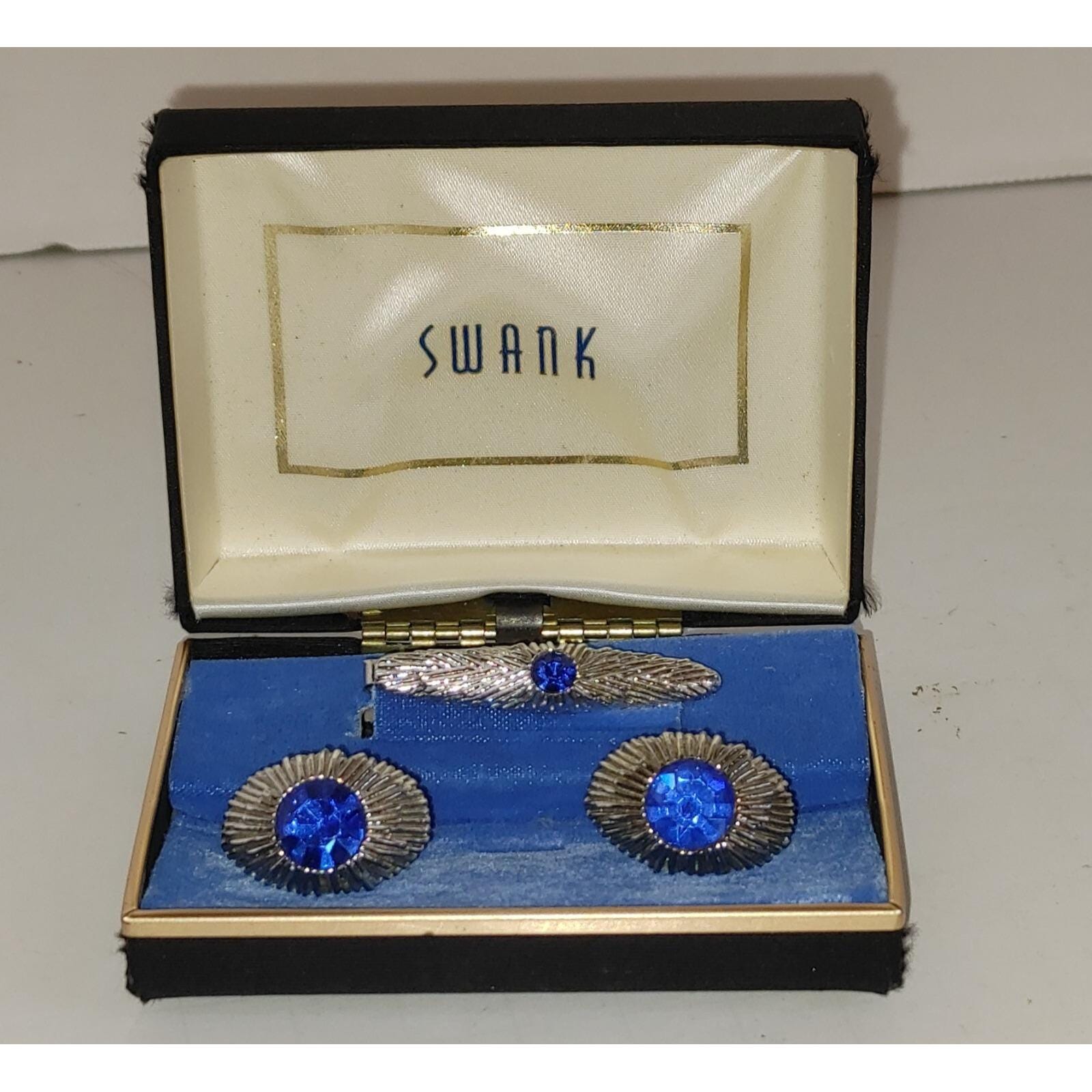 Boutons De Manchette Vintage SWANK – Or Filled, Pierre Cabochon Bleue – Occasion – Signés