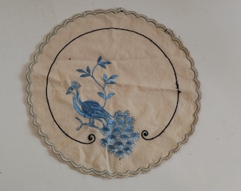 Vintage Peacock Doily Hand Embroidered Blue Black Linen Scalloped 12" Grannycore