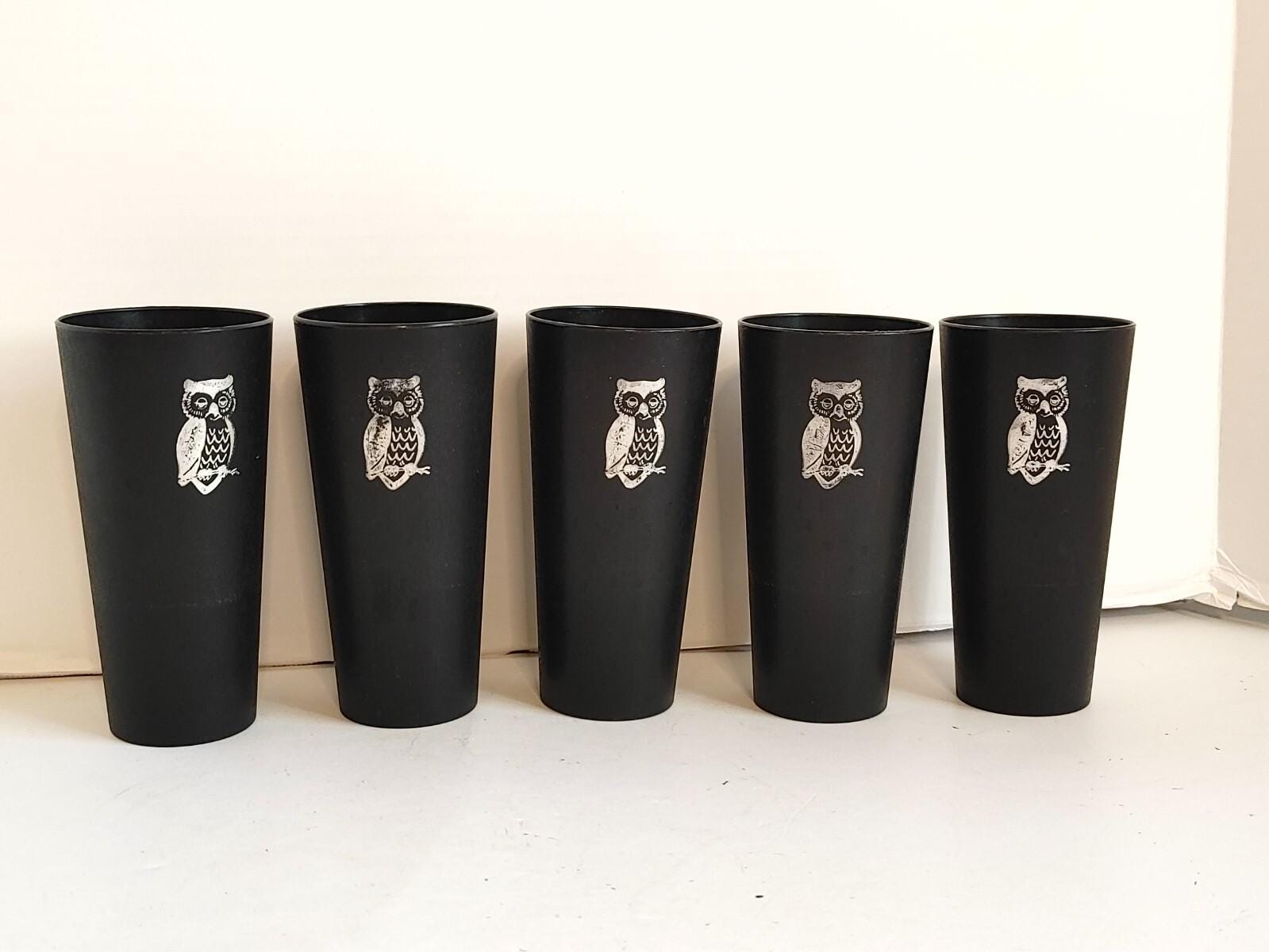 5 Nasco Owl Black Plastic Drinking Cups Set Vintage Retro MCM Tumblers Glass