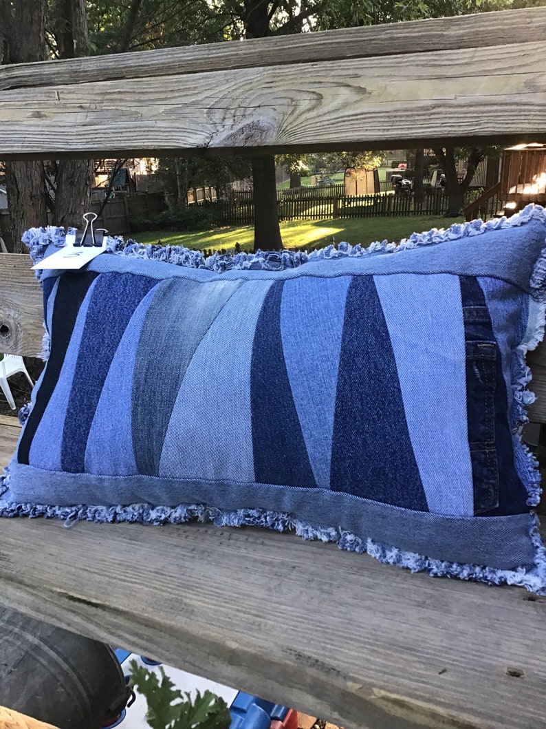 Denim toss pillow sham with pillow form included. Patchwork Etsy