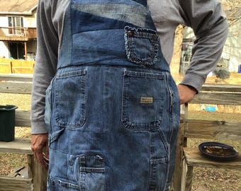 Recycled Denim Apron, Large Size, Handmade Patchwork with Pockets