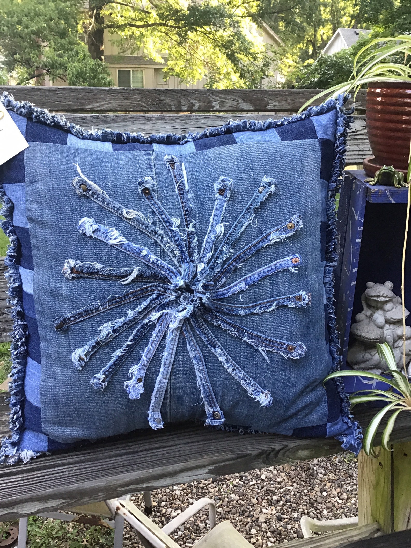 Denim throw pillow. Large 22x22 inches. Center starburst Etsy