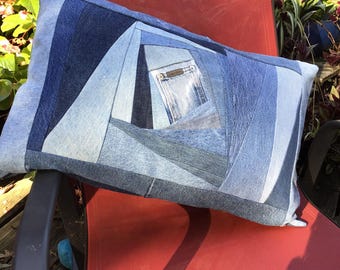 Denim patchwork throw pillow, with small Calvin Klein pocket