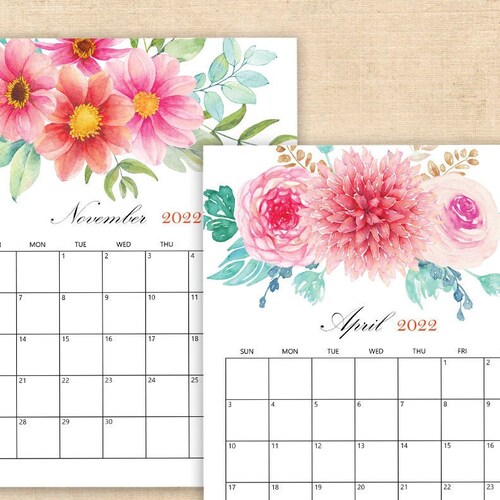 2022 Digital Printable Calendars Watercolor Floral Desk | Etsy
