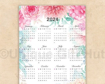 Afdrukbare 2024 aquarel bloemen wandkalender verticale jaarkalender 2024 jaar in een oogopslag kalender kunst aan de muur digitale DOWNLOAD