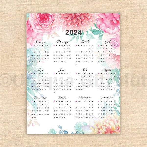 Printable 2024 Watercolor Floral Wall Calendar Vertical Yearly Calendar 2024 Year at a Glance Calendar Wall Art  DIGITAL DOWNLOAD