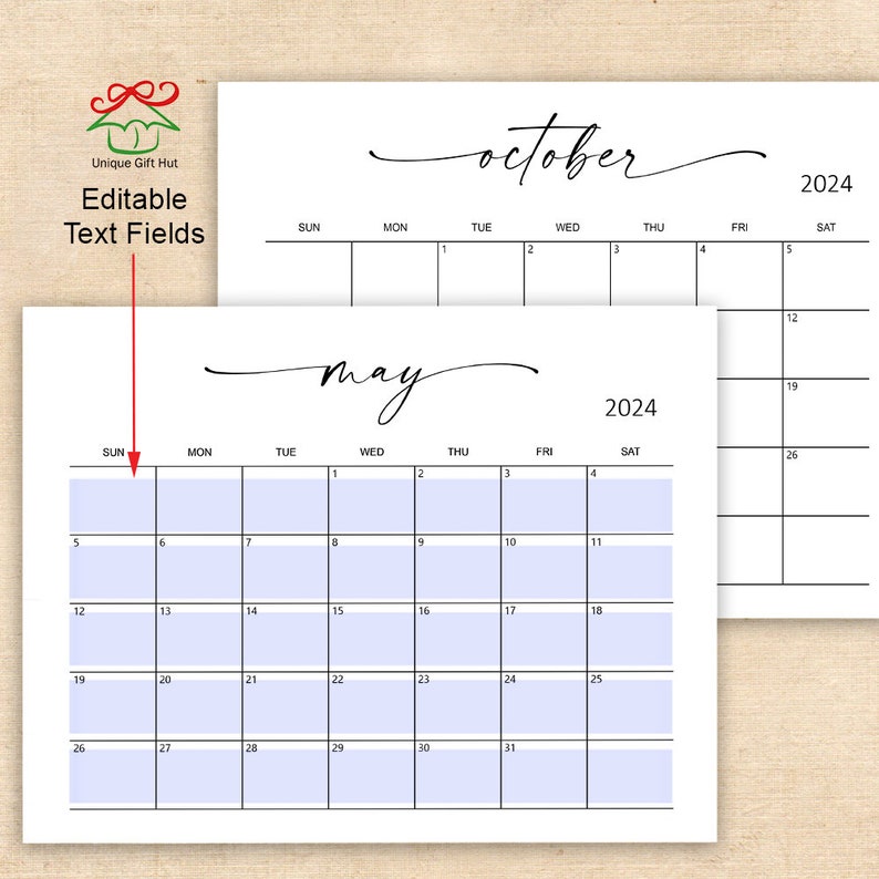 Editable Printable 2024 Minimalist Desk Calendar, Simple Monthly