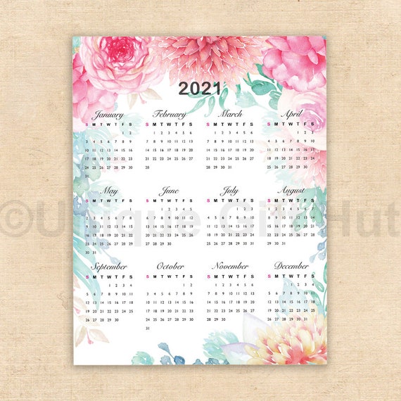 Printable 2021 Watercolor Floral Wall Calendar Watercolor Etsy