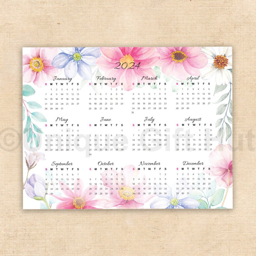 Printable 2024 Wall Calendar Watercolor Flower Yearly Calendar Elegant  Horizontal Landscape Desk Calendar DIGITAL DOWNLOAD Wall Decor - Etsy