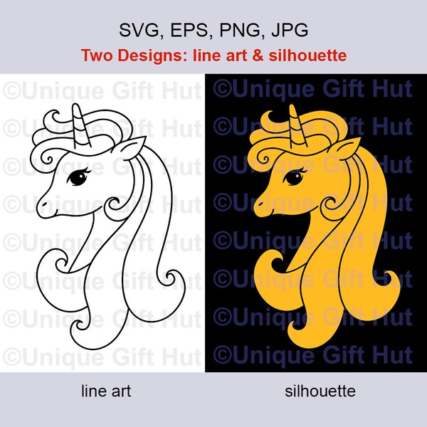 Unicorns svg, Unicorn png. 2 designs, 1 line art, 1 silhouette. Cute unicorn face horn & hair svg, unicorns vector clipart, Cricut design