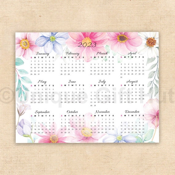 Printable 2023 Wall Calendar,Watercolor Flower Yearly calendar,Elegant