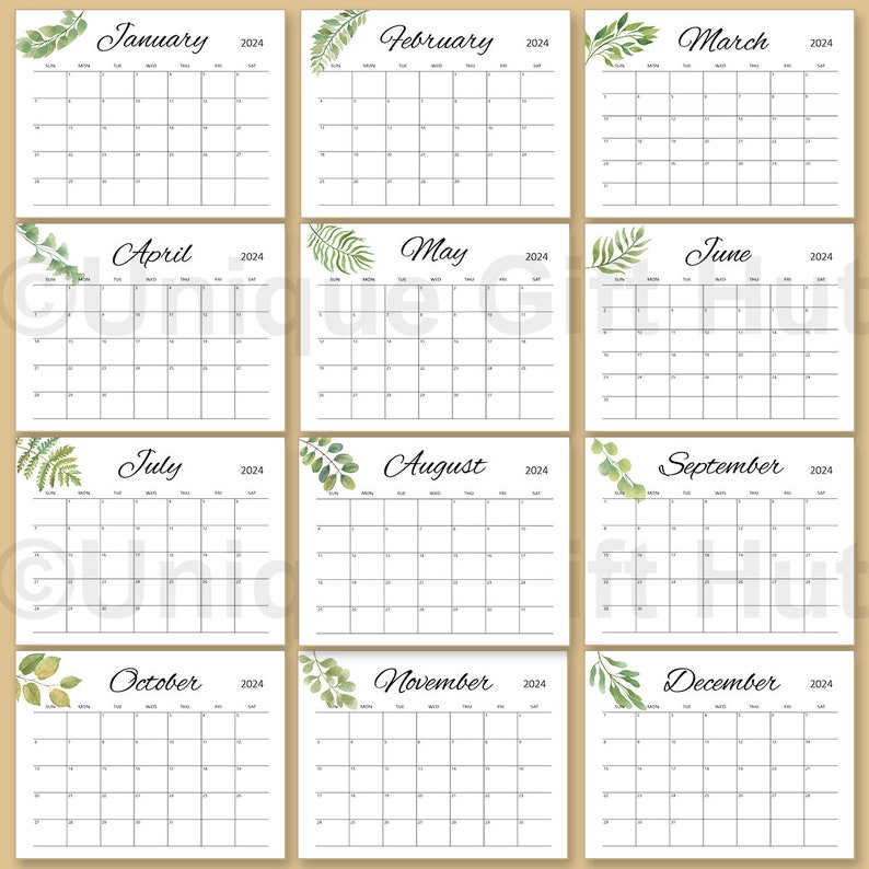 Printable Editable 2024 Watercolor Greenery Desk Calendar,monthly Horizontal Wall Calendar