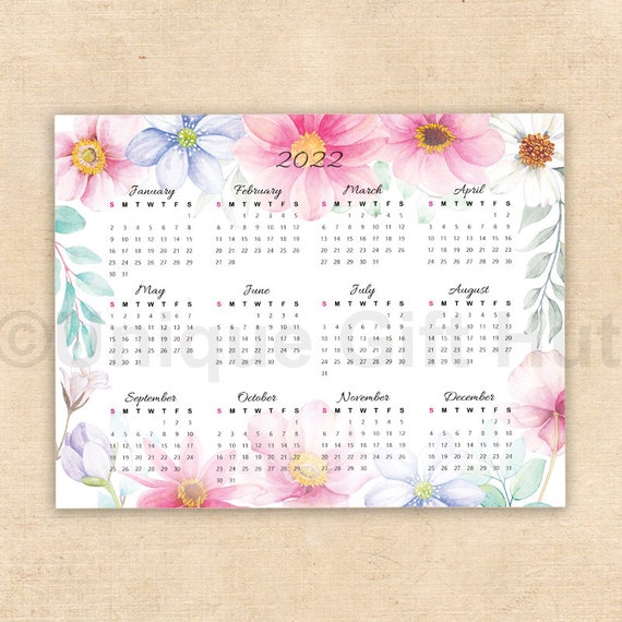 Printable 2022 Wall Calendarwatercolor Flower Yearly Calendar Elegant