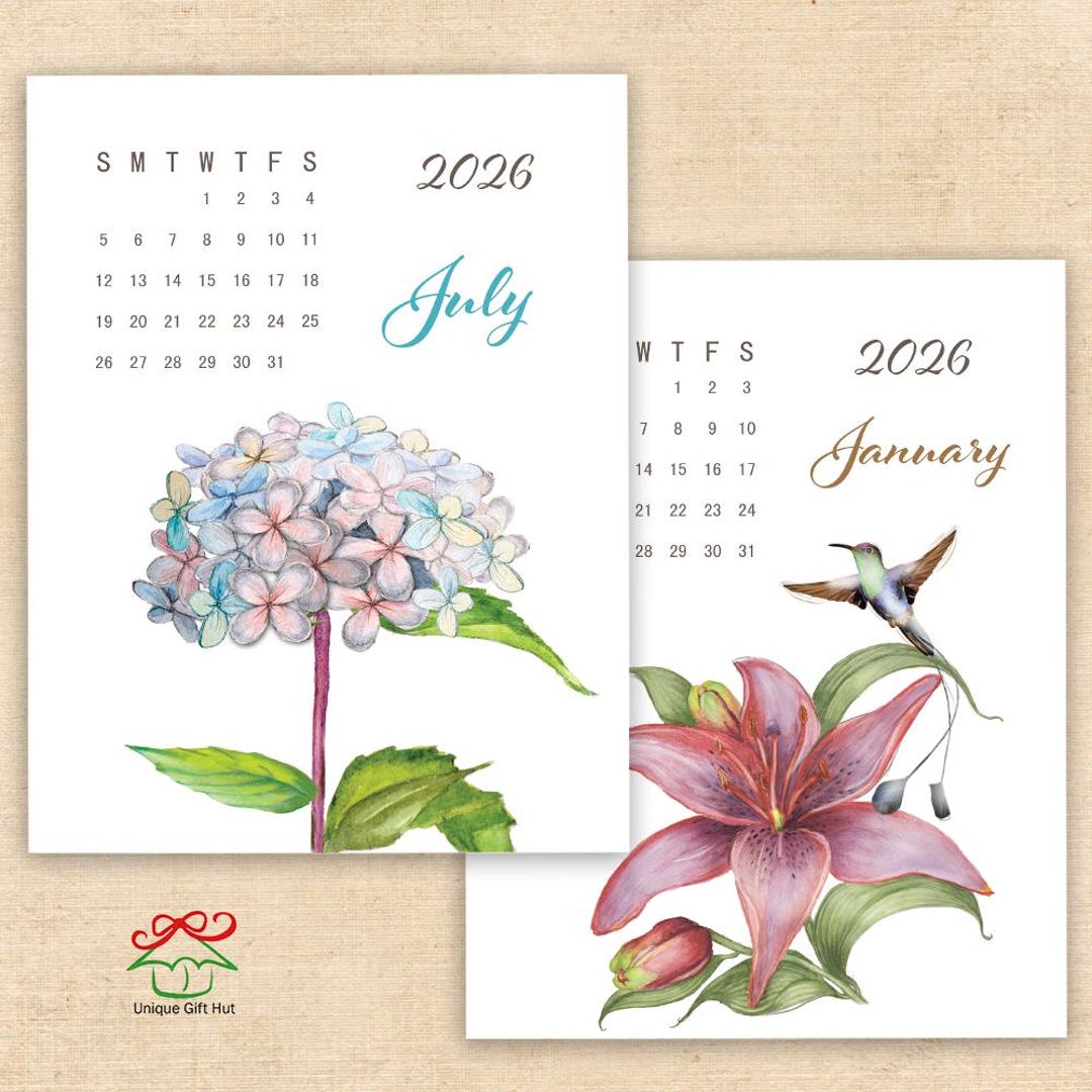 2026 Printable Watercolor Floral Desk Calendar Flower & Bird Monthly ...