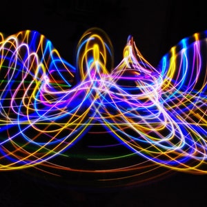 May include: Abstract light painting with swirling lines of blue, yellow, green, and purple light on a black background.