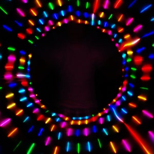 May include: Abstract background with a swirling pattern of colorful neon lights. The lights form a circle in the center of the image, with the colors fading out towards the edges.