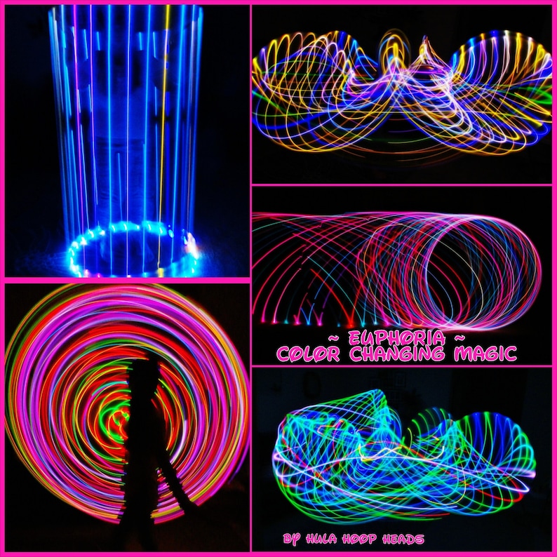May include: A collage of images showing a colorful LED hula hoop in motion. The hoop is creating different patterns of light, including a circle, a wave, and a figure eight. The text "~EUPHORIA~ COLOR CHANGING MAGIC BY HULA HOOP HEADS" is visible in the image.