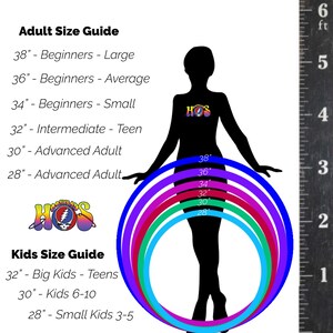 May include: A size guide for hula hoops, showing different hoop sizes for adults and children. The guide includes a silhouette of a person with different sized hoops around their waist, and a ruler with measurements in feet. The hoop sizes are listed in inches, with descriptions for each size, such as "Beginners - Large" or "Small Kids 3-5".