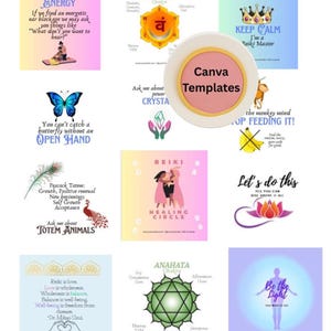 May include: A selection of digital templates with spiritual and wellness themes. The designs include text and graphics related to Reiki, chakras, and affirmations. The colour palette features soft pastels and illustrations of butterflies, lotuses, and peacocks.