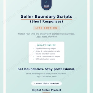 May include: A digital product advertisement with a teal and white color scheme. The text reads "Seller Boundary Scripts (Short Responses)" and "LITE EDITION." It lists script types and promotes instant digital downloads.