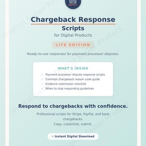 Könnte beinhalten: Werbung für ein digitales Produkt in Hellblau und Weiß. Der Text lautet "Chargeback Response Scripts for Digital Products" und "Instant Digital Download". Enthält eine Liste der Inhalte.