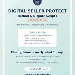 Könnte beinhalten: Werbung für "Digital Seller Protect", das Rückerstattungs- und Streitbeilegungsskripte anbietet. Das Design ist blau und weiß, mit Text, der wichtige Funktionen wie vorgefertigte Skripte und Vorlagen zur Streitbeilegung hervorhebt. Das Produkt verspricht professionelle Sprache und sofortigen digitalen Download.