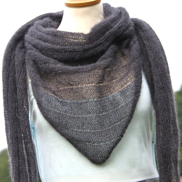 Knit triangel shawl, scarf, wrap, mohair / silk, charcoal-gray, women accessoire,must have