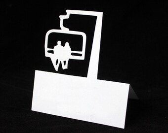 Couple on Chairlift Escort Card | BLANK Cut Out Tented Place Card | Ski | Cabin | Ski Lodge Wedding| for use with Calligraphy