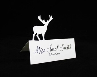 Buck, Printed, Wedding Place Cards| Custom Male Deer Silhouette Escort Card| Seating cards| Vintage| Rustic Woodland| Winter|