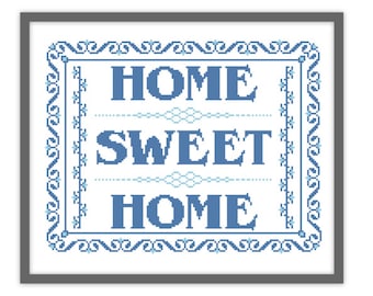 Home Sweet Home counted cross stitch sampler in shades of blue